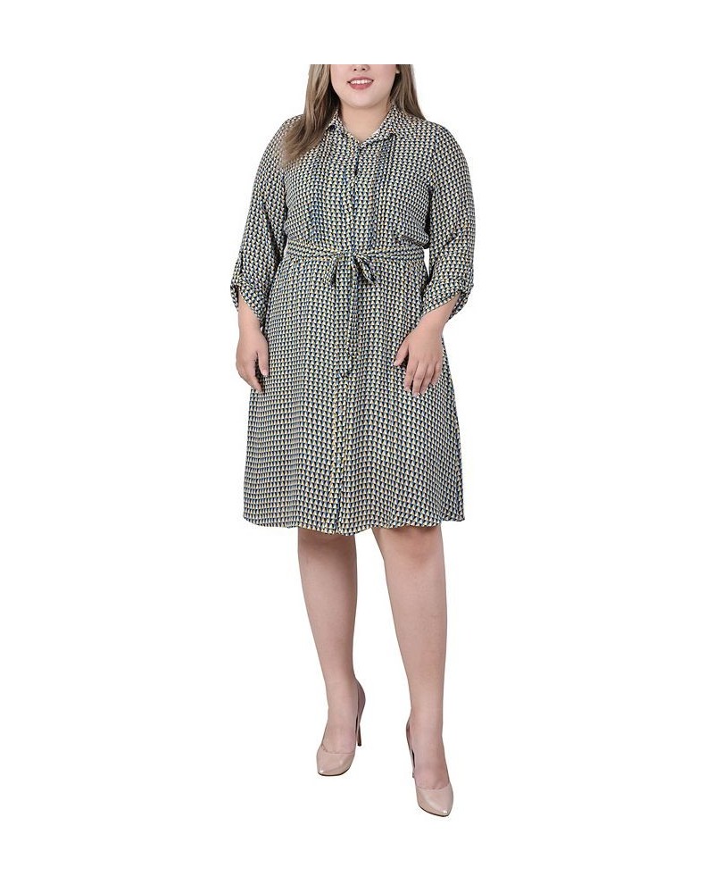 Plus Size Long Roll Tab Sleeve Dobby Dress Blue Trisquare $15.30 Dresses