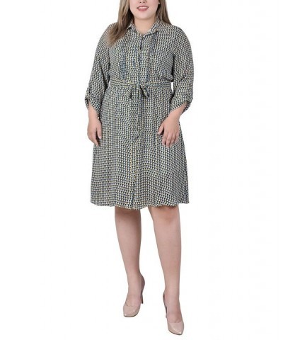 Plus Size Long Roll Tab Sleeve Dobby Dress Blue Trisquare $15.30 Dresses