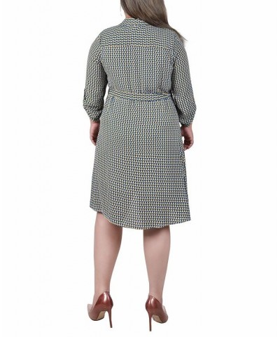 Plus Size Long Roll Tab Sleeve Dobby Dress Blue Trisquare $15.30 Dresses