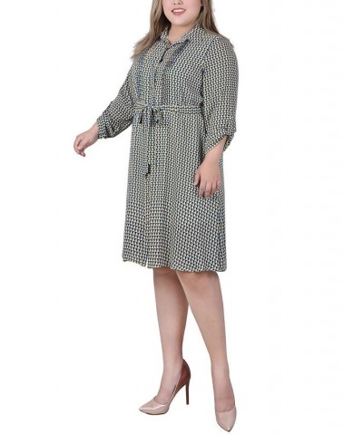 Plus Size Long Roll Tab Sleeve Dobby Dress Blue Trisquare $15.30 Dresses