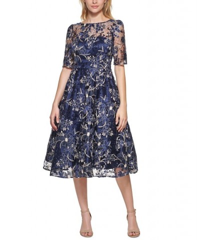 Embroidered Sequin Midi Dress Navy $128.14 Dresses