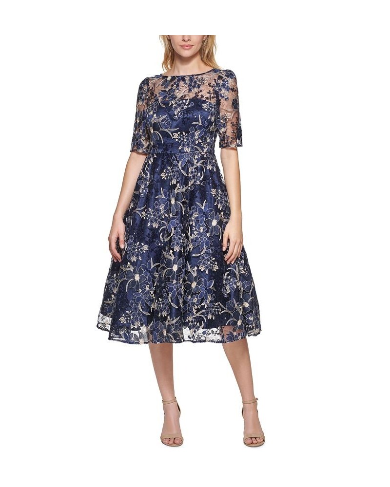 Embroidered Sequin Midi Dress Navy $128.14 Dresses