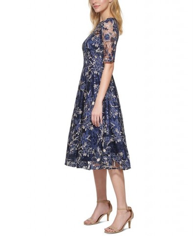 Embroidered Sequin Midi Dress Navy $128.14 Dresses