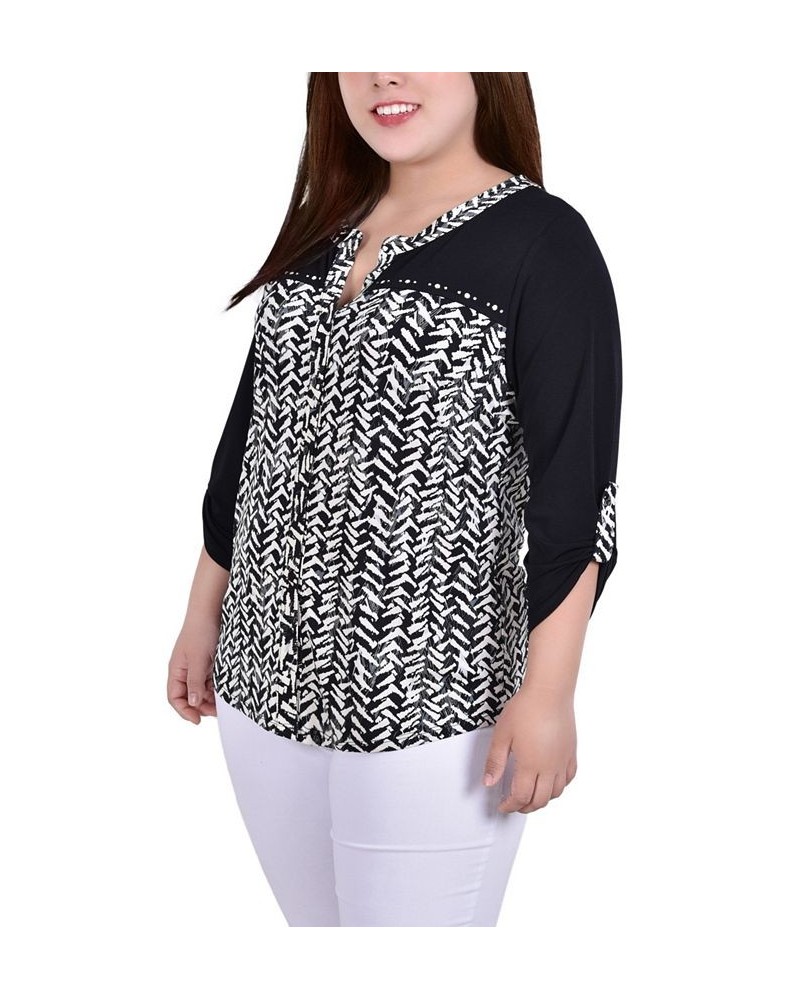 Plus Size 3/4 Sleeve Studded Top with Contrast Yoke and Sleeves Black $16.06 Tops