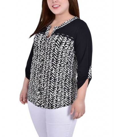 Plus Size 3/4 Sleeve Studded Top with Contrast Yoke and Sleeves Black $16.06 Tops