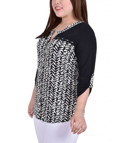 Plus Size 3/4 Sleeve Studded Top with Contrast Yoke and Sleeves Black $16.06 Tops