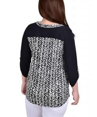 Plus Size 3/4 Sleeve Studded Top with Contrast Yoke and Sleeves Black $16.06 Tops