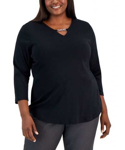 Plus Size Cotton 3/4-Sleeve Chain-Trim Top Black $10.84 Tops