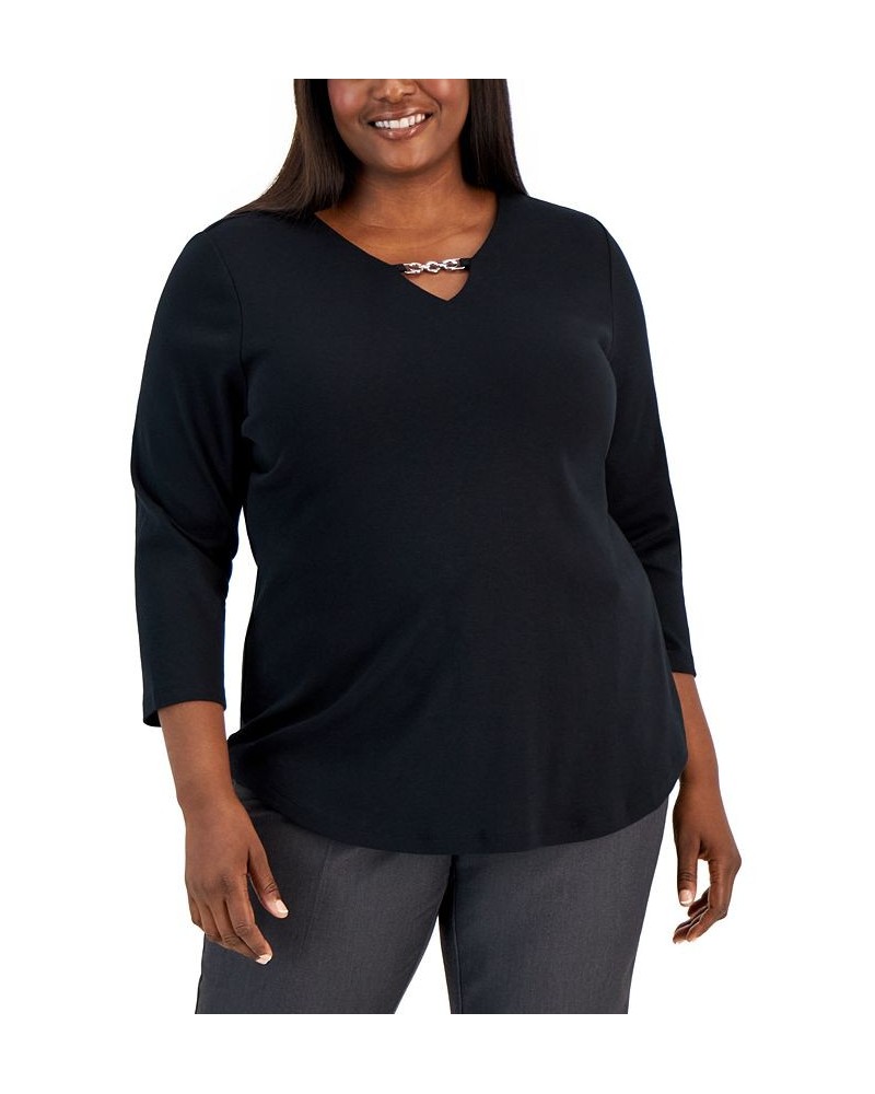 Plus Size Cotton 3/4-Sleeve Chain-Trim Top Black $10.84 Tops