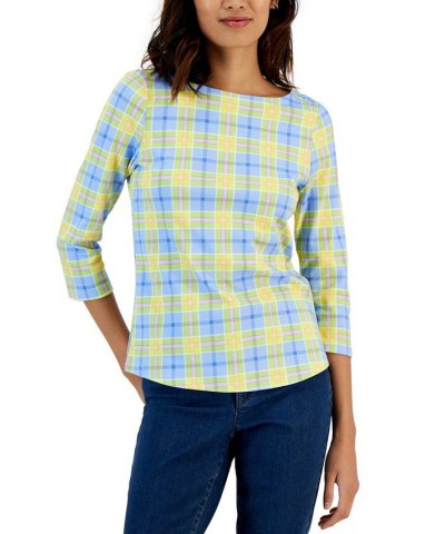 Women's Plaid Boat-Neck 3/4-Sleeve Top Blue $11.25 Tops