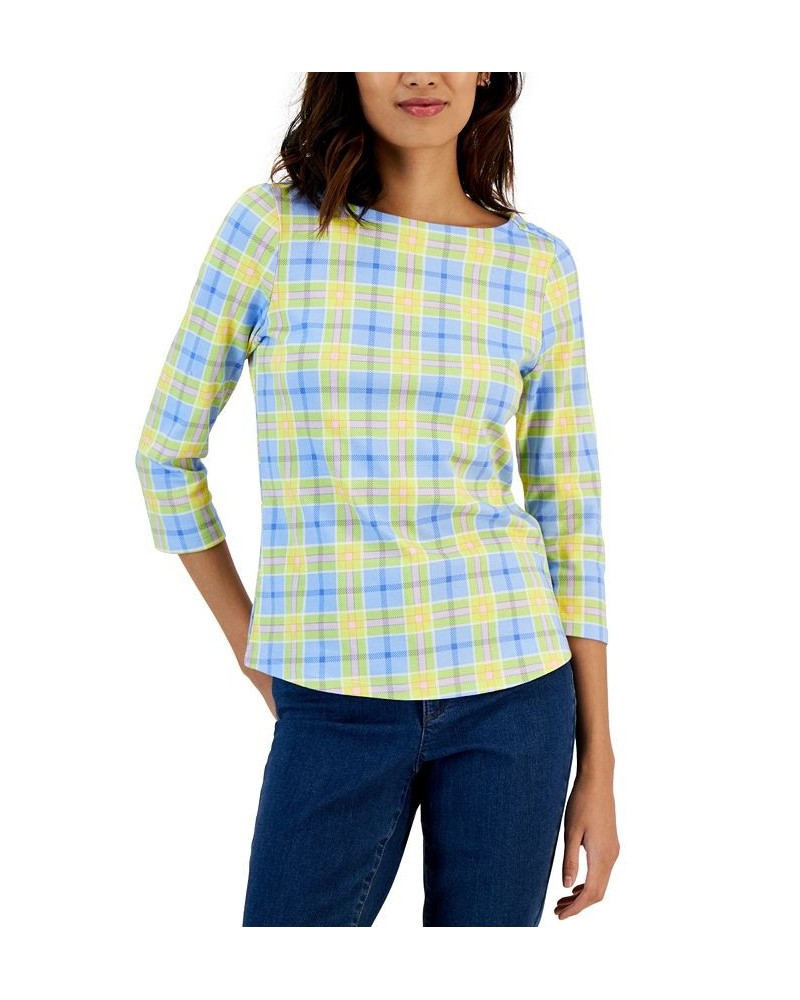 Women's Plaid Boat-Neck 3/4-Sleeve Top Blue $11.25 Tops