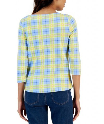 Women's Plaid Boat-Neck 3/4-Sleeve Top Blue $11.25 Tops