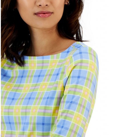 Women's Plaid Boat-Neck 3/4-Sleeve Top Blue $11.25 Tops