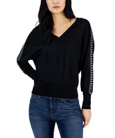 Women's Studded Dolman-Sleeve Sweater Black $27.36 Sweaters