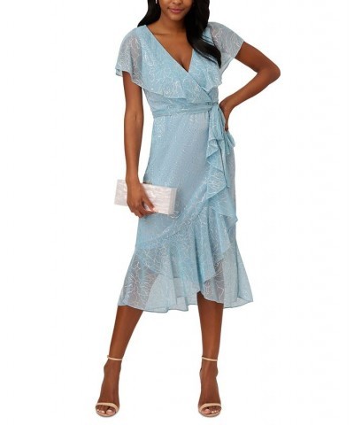 Women's Metallic Printed Ruffled Midi Dress Light Blue $95.52 Dresses