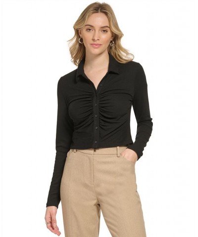 X-Fit Collared Cropped Button Front Knit Top Black $17.82 Tops