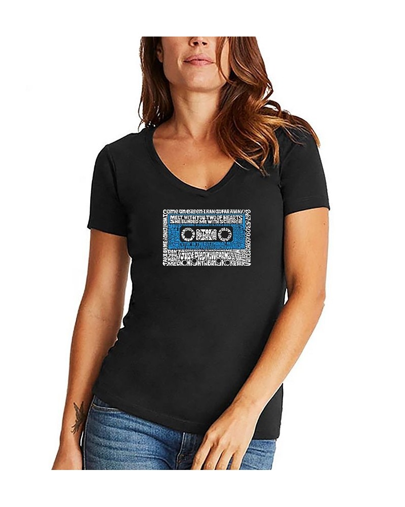 Women's 80s One Hit Wonders Word Art V-neck T-shirt Black $18.19 Tops