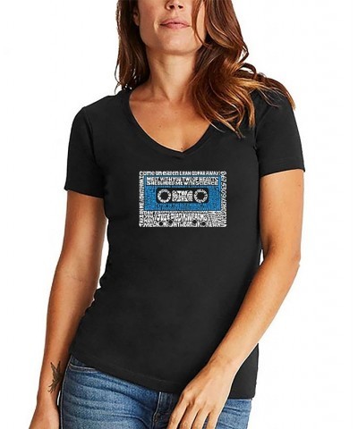 Women's 80s One Hit Wonders Word Art V-neck T-shirt Black $18.19 Tops