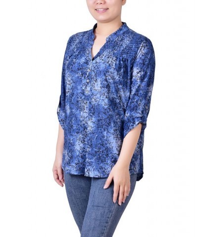 Petite 3/4 Roll Tab Sleeve Smocked-Yoke Top Etch Dark Blue $16.00 Tops