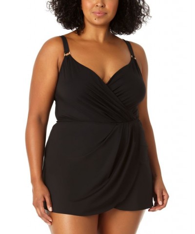 Plus Size Adjustable Surplice Swimdress Black $45.14 Swimsuits