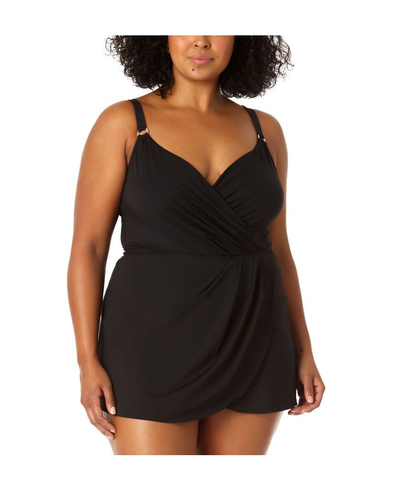 Plus Size Adjustable Surplice Swimdress Black $45.14 Swimsuits