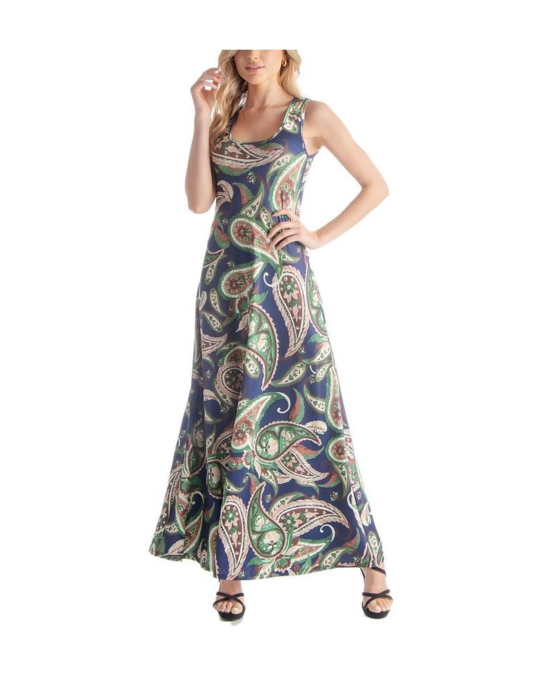 Women's Sleeveless Flowy Full Length Relaxed Dress Navy Multi $38.07 Dresses