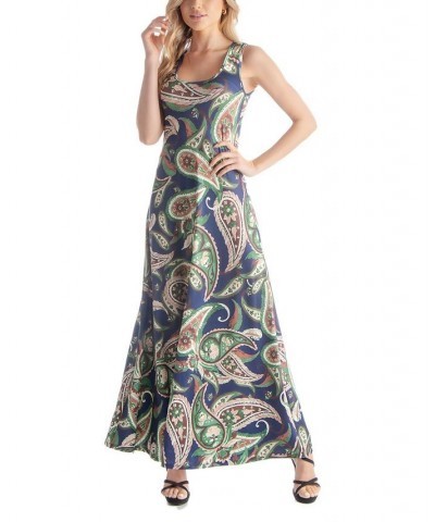 Women's Sleeveless Flowy Full Length Relaxed Dress Navy Multi $38.07 Dresses