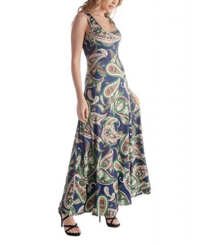 Women's Sleeveless Flowy Full Length Relaxed Dress Navy Multi $38.07 Dresses