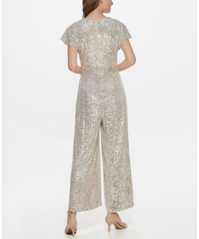 Petite Sequined Flutter-Sleeve Jumpsuit Taupe $70.72 Pants