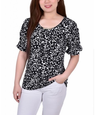 Petite Elbow Cuffed Sleeve Hardware Top Ivory Flower $15.19 Tops