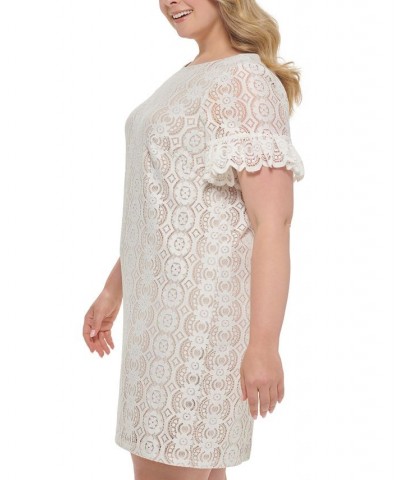 Plus Size Lace Short-Sleeve Shift Dress Ivory $48.79 Dresses