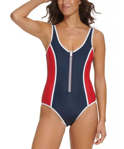 Women's Iconic Colorblocked Zip-Front One-Piece Swimsuit Sky Captain $50.76 Swimsuits