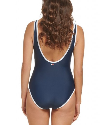 Women's Iconic Colorblocked Zip-Front One-Piece Swimsuit Sky Captain $50.76 Swimsuits