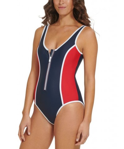 Women's Iconic Colorblocked Zip-Front One-Piece Swimsuit Sky Captain $50.76 Swimsuits