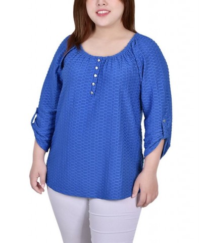 Plus Size 3/4 Sleeve Honeycomb Henley Top Blue $11.32 Tops