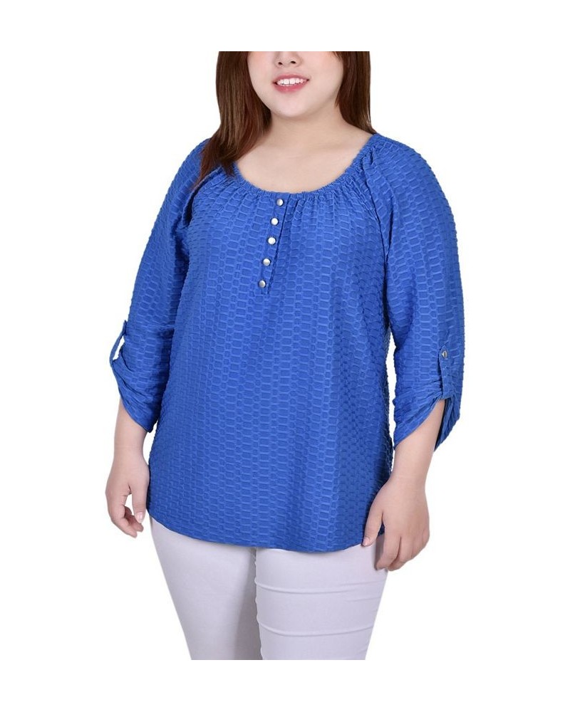 Plus Size 3/4 Sleeve Honeycomb Henley Top Blue $11.32 Tops