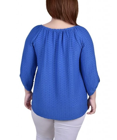 Plus Size 3/4 Sleeve Honeycomb Henley Top Blue $11.32 Tops