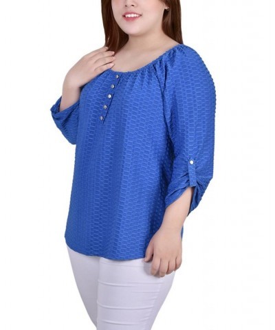 Plus Size 3/4 Sleeve Honeycomb Henley Top Blue $11.32 Tops