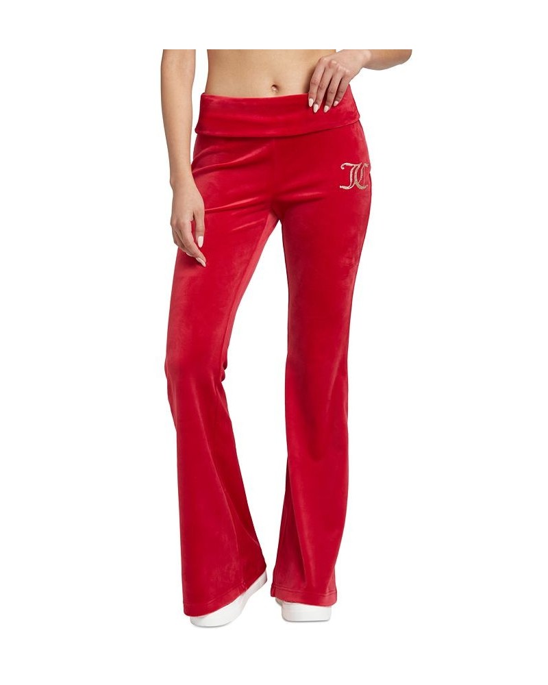 Women's Embellished-Logo Flare-Hem Velour Pants Coco Red $28.53 Pants