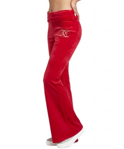 Women's Embellished-Logo Flare-Hem Velour Pants Coco Red $28.53 Pants