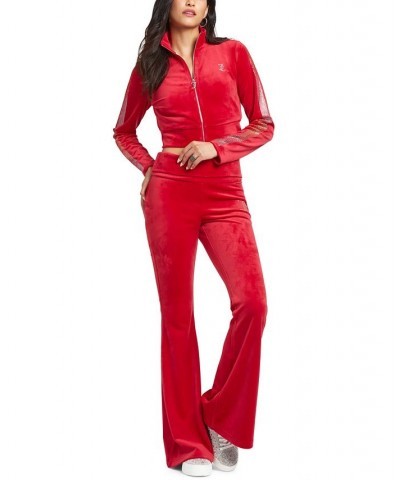 Women's Embellished-Logo Flare-Hem Velour Pants Coco Red $28.53 Pants