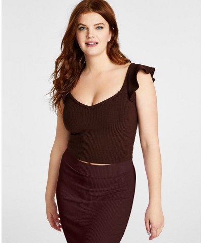 Women's V-Neck Flutter-Sleeve Ribbed Crop Top Brown $17.60 Tops