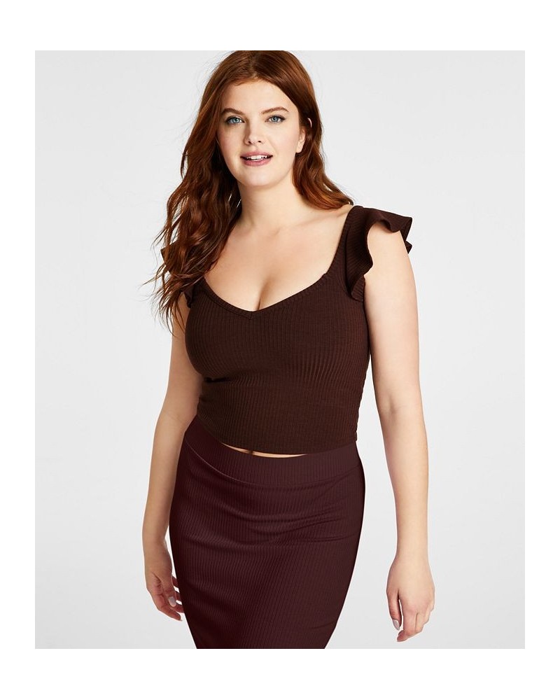 Women's V-Neck Flutter-Sleeve Ribbed Crop Top Brown $17.60 Tops