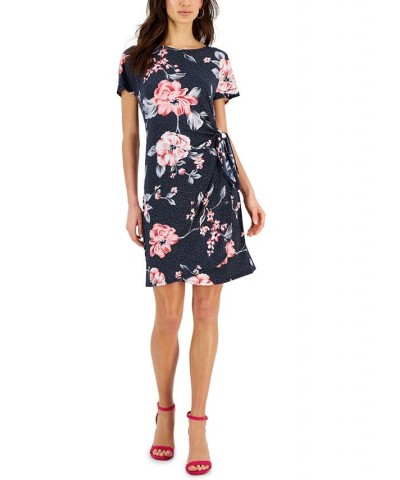 Petite Side-Tie Short-Sleeve Jersey Dress Navy/Pink $25.95 Dresses