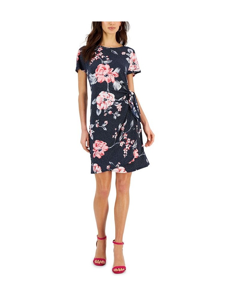 Petite Side-Tie Short-Sleeve Jersey Dress Navy/Pink $25.95 Dresses