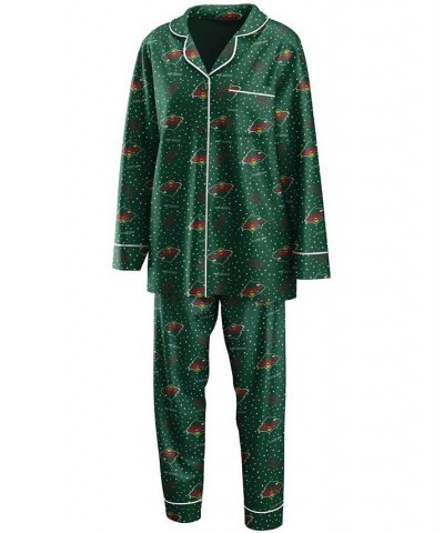 Women's Green Minnesota Wild Long Sleeve Button-Up Shirt Pants Sleep Set Green $38.49 Pajama