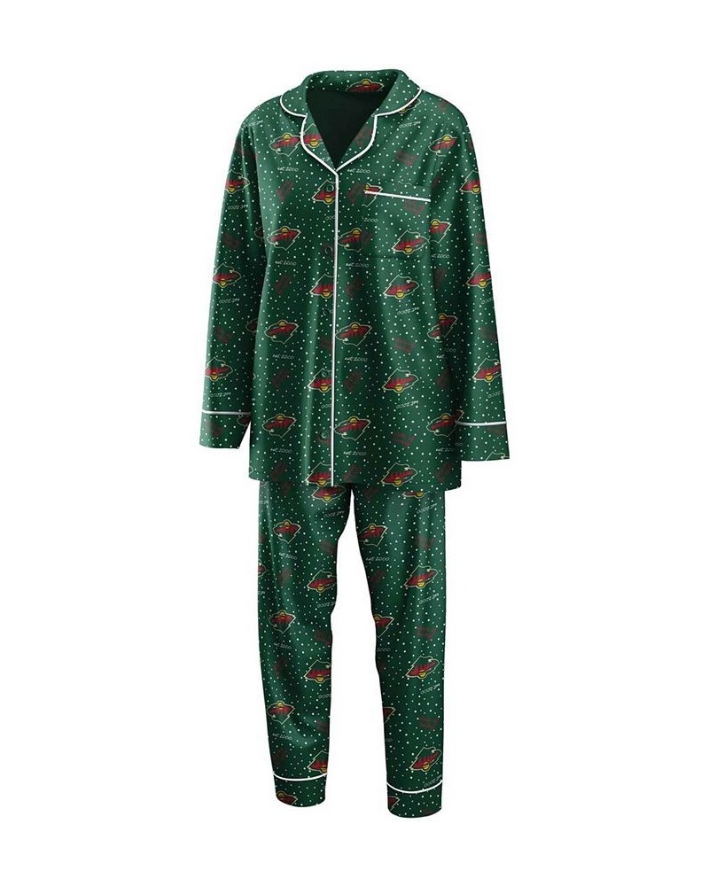 Women's Green Minnesota Wild Long Sleeve Button-Up Shirt Pants Sleep Set Green $38.49 Pajama