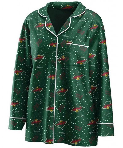 Women's Green Minnesota Wild Long Sleeve Button-Up Shirt Pants Sleep Set Green $38.49 Pajama