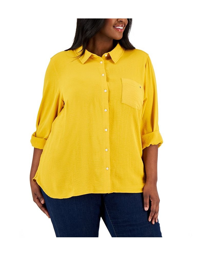 Plus Size Roll-Tab-Sleeve Button-Down Emblem Shirt Sunflower $29.35 Tops