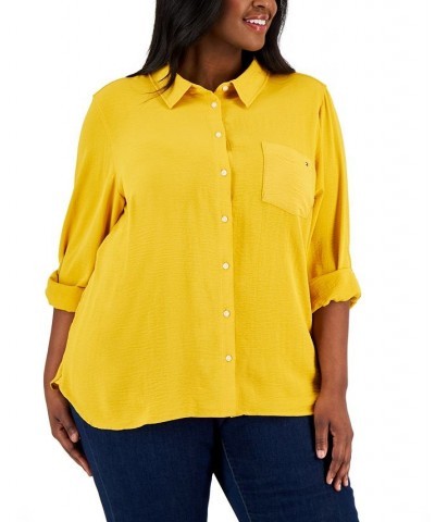 Plus Size Roll-Tab-Sleeve Button-Down Emblem Shirt Sunflower $29.35 Tops